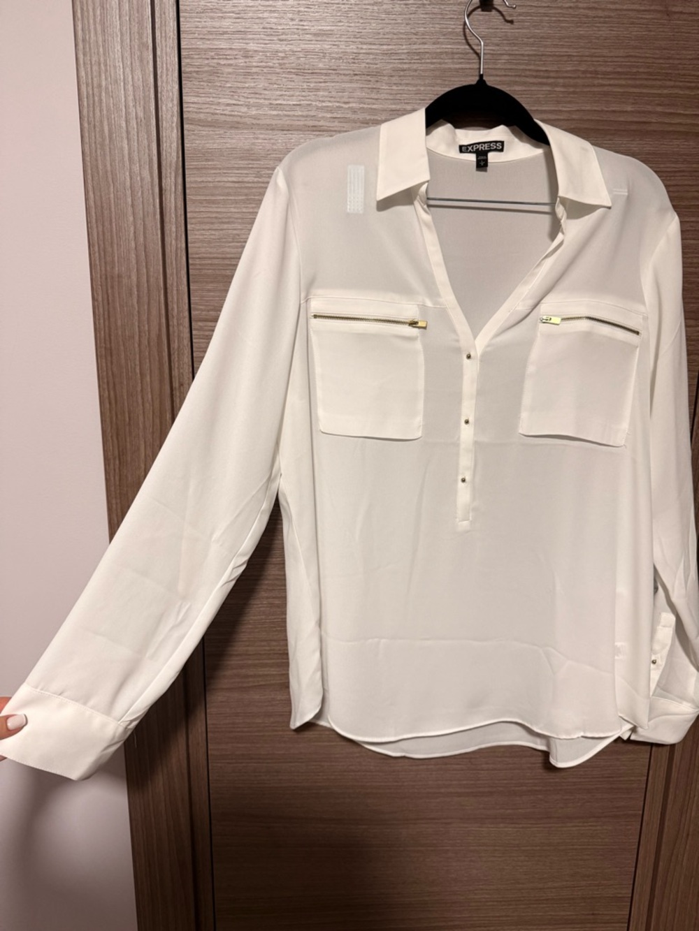 Express White V-Neck Button Front Pocket Blouse